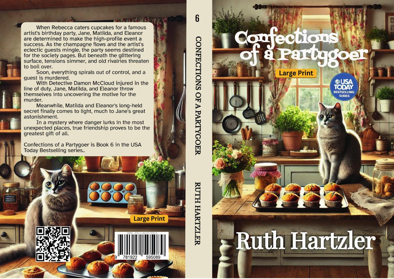 Confections of a Partygoer Large Print PAPERBACK cozy mystery recipes and cat cover