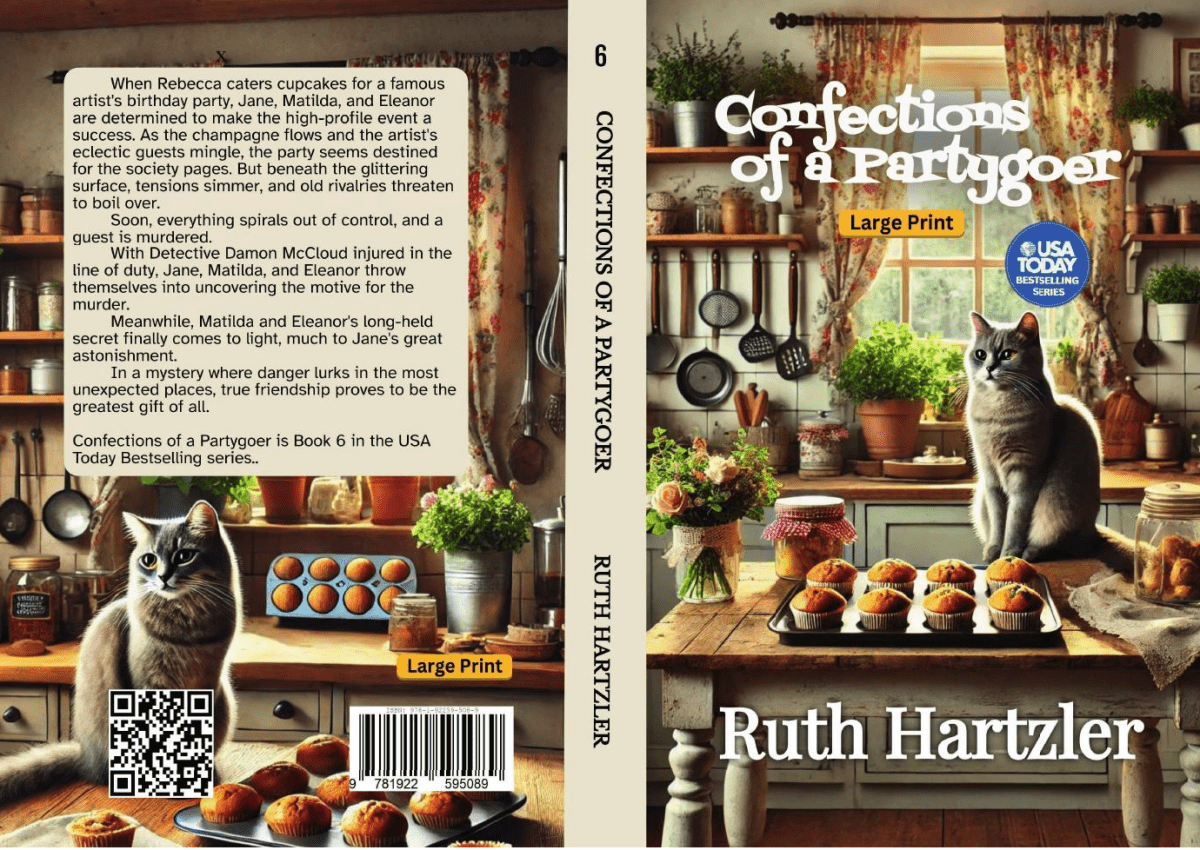 Confections of a Partygoer Large Print PAPERBACK cozy mystery recipes and cat cover