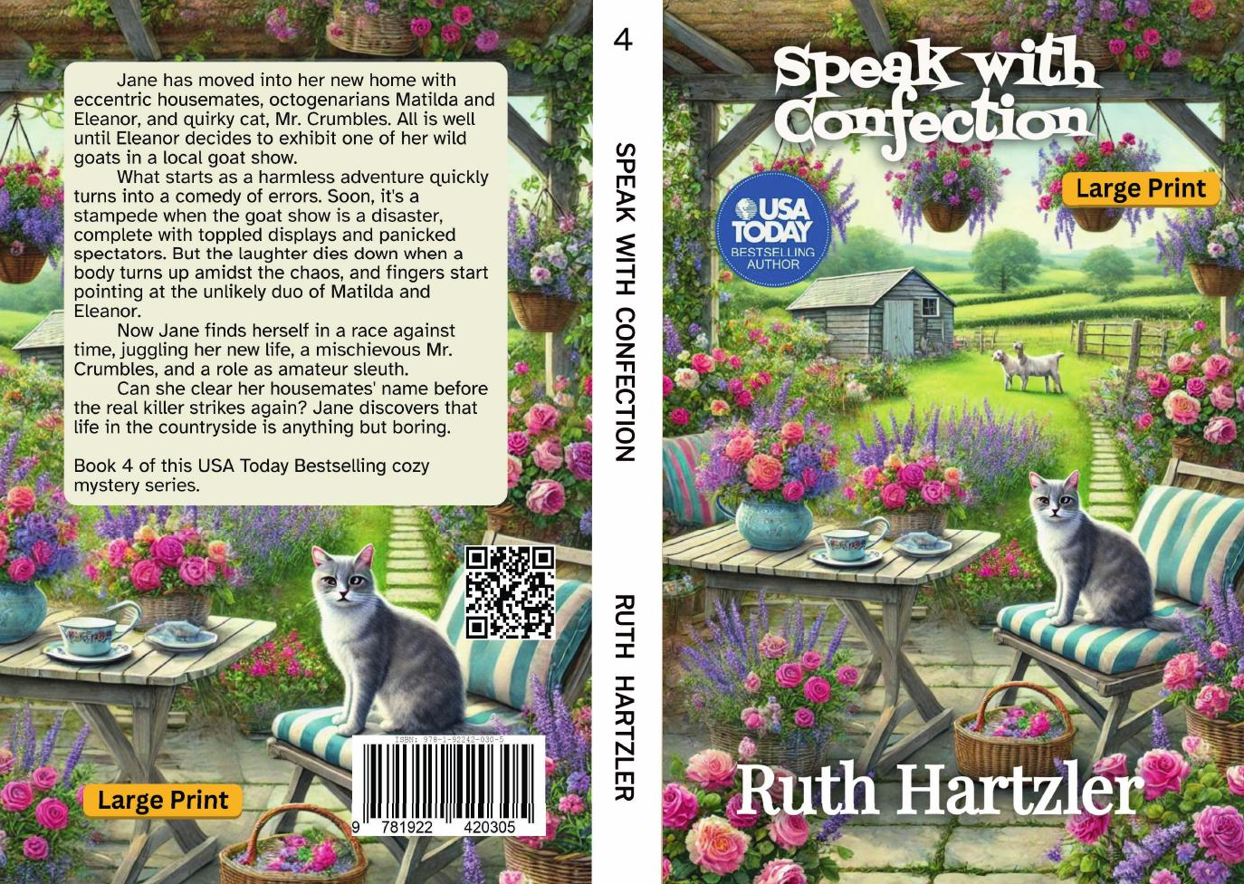 Speak with Confection Large Print paperback cozy mystery cover with cat