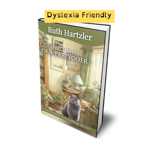 Confections of a Partygoer Dyslexia Friendly paperback cozy mystery by ruth hartzler